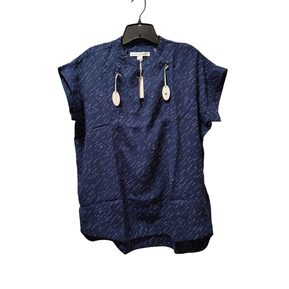 Loyal Hana Carrie Maternity Nursing Top S Navy Diagonal Dot V Neck Blouse NWT